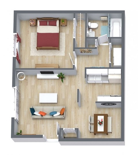 Floor plan for 1 bed, 1 bath, 700 sqft